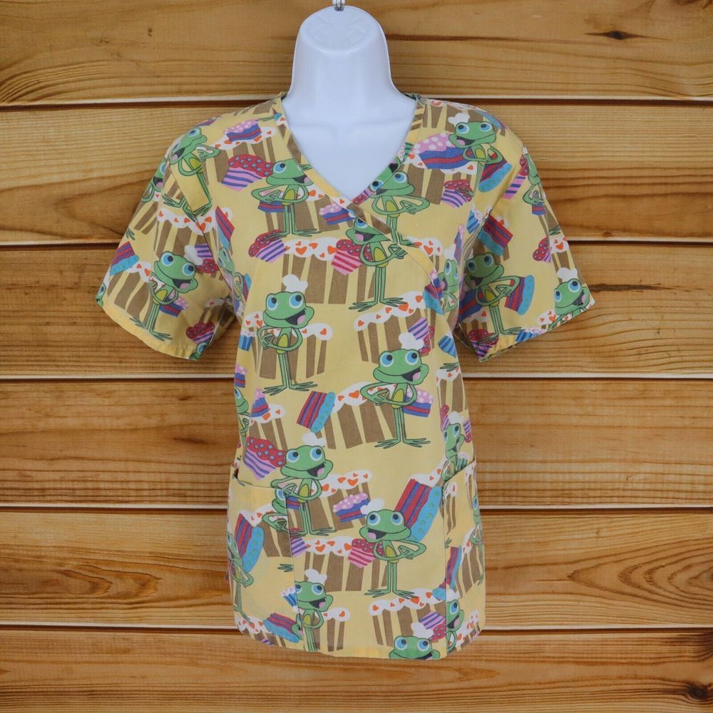 Ladybug‎ Scrubs Top Womens S Colorful Frogs Cotton Blend V-Neck Pockets Medical